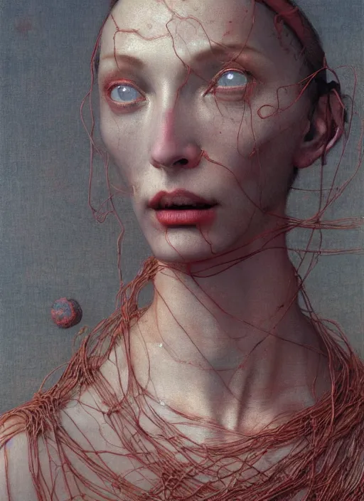 Image similar to Woman masterpiece, beautiful eyes, red, golden halo behind her head, red wires wrap around, by Edgar Maxence and Ross Tran, Zdzisław Beksiński, and Michael Whelan, distant, gustav dore, H.R. Giger, 8k, octane render