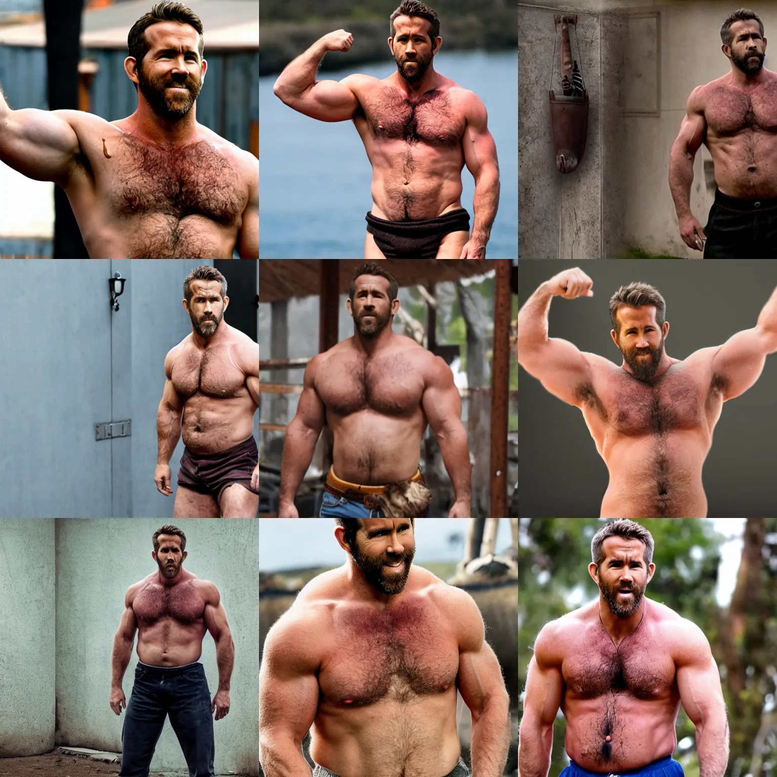 Prompt: burly ryan reynolds as a strongman with a big belly, masculine, hairy torso, 4 k hd