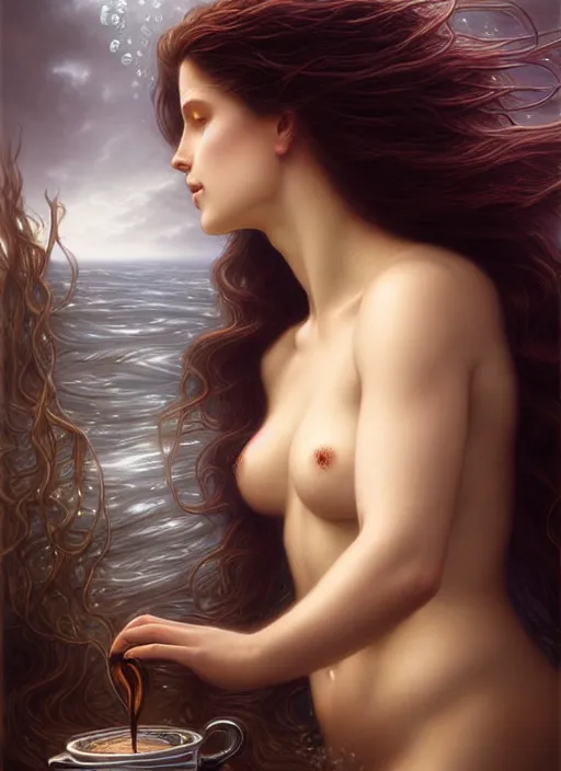 Prompt: heavenly goddess of coffee portrait of a seductive siren dreaming in underwater murky light, wind blown hair! dark fantasy esoteric, closeup, d & d, fantasy, intricate, elegant, highly detailed, digital painting, artstation, concept art, matte, sharp focus, illustration, art by artgerm and tom bagshaw and greg rutkowski and alphonse mucha