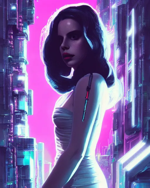 Image similar to portrait of lana del rey as a cyberpunk cyborg. sci - fi intricate abstract. intricate artwork, tear drops, roses, by tooth wu, wlop, beeple, dan mumford. concept art, octane render, trending on artstation, greg rutkowski, asymmetrical, cinematic arthouse, key art, hyper realism, iridescent accents