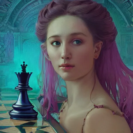 Prompt: a highly detailed chess queen, neon colored, beautiful detail and color, art by john collier and albert aublet and krenz cushart and artem demura and alphonse mucha, volumetric lighting, octane render, 4 k resolution, matte, sharp focus, illustration, art by jacque - louis david, baroque style