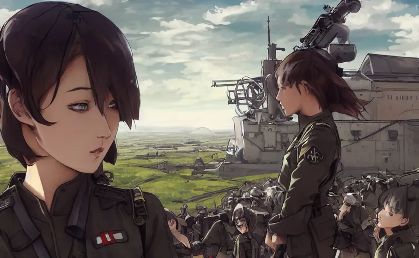 Image similar to panoramic view, girl, soldier clothing, battlefield in background, anime style, short hair, hair down, realistic anatomy, symmetrical facial features, from arknights, hyper realistic, 4 k, rule of thirds, extreme detail, detailed drawing, trending artstation, realistic lighting, by alphonse mucha, greg rutkowski, sharp focus, backlit