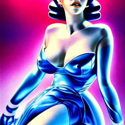 Image similar to traditional 1 9 5 0's barbara palvin in a futuristic space, blue sky art by peter lloyd, 1 9 8 0's art, airbrush style, art by hajime sorayama,, intricate, elegant, sharp focus, illustration, highly detailed, concept art