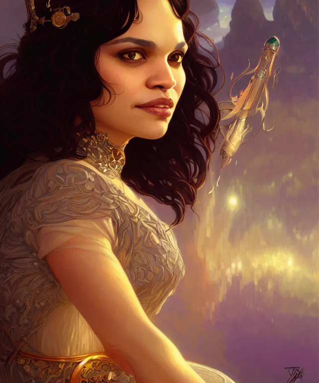 Image similar to Norah Jones as a fantasy magic woman portrait, sci-fi, amber eyes, face, long hair, fantasy, intricate, elegant, highly detailed, digital painting, artstation, concept art, smooth, sharp focus, illustration, art by artgerm and greg rutkowski and alphonse mucha