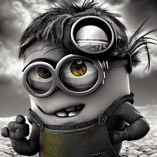 Image similar to Minion, George Miller, Photorealistic, Hyper detailed, desert, post apocalyptic, angry, crazy, wild, fire, dust, black and white