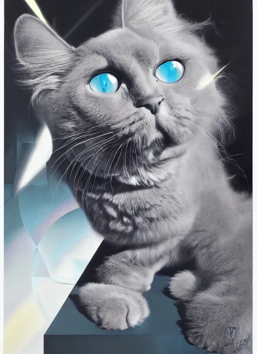 Prompt: futuristic lasers tracing, laser cat, selkirk rex longhair, by steven meisel, kaws, rolf armstrong, mondrian, kandinsky, perfect geometry abstract acrylic, octane hyperrealism photorealistic airbrush collage painting, dark monochrome, fluorescent colors, minimalist rule of thirds, eighties eros