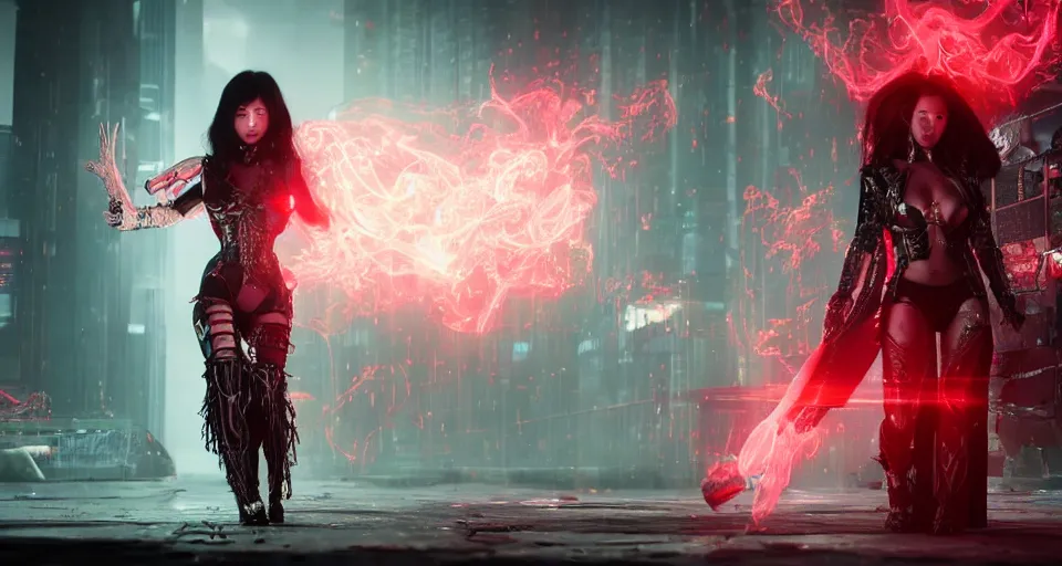 Image similar to a very hot scarlet asian necromancer in cyberpunk-plate-armor, Ultra-HD, doing a summoning futuristic ritual with giant holograms floathing in the air around her, Volumetric Lighting, Screen Space Global Illumination, Opaque, Optics, Lumen Reflections, VFX, insanely detailed and intricate, hypermaximalist, elegant, ornate, hyper realistic, super detailed, full body, octane render, unreal engine