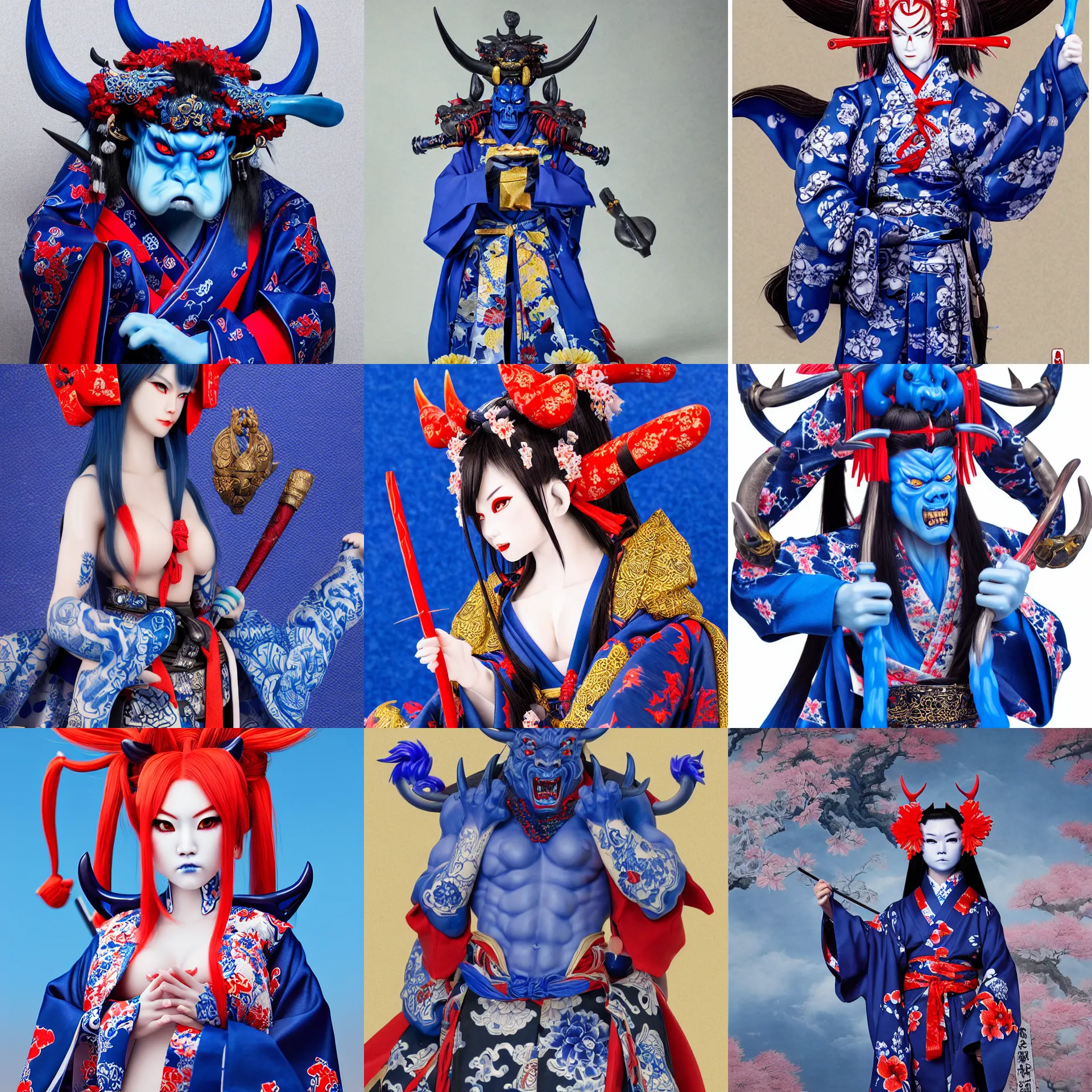 Prompt: a standing portrait of a blue oni demon 鬼 👹 in kimono blue horns horns horns blue skin official portrait highly detailed, 4 k, hdr, smooth, sharp focus, high resolution, award - winning, illustrated by anne stokes, from sengoku period
