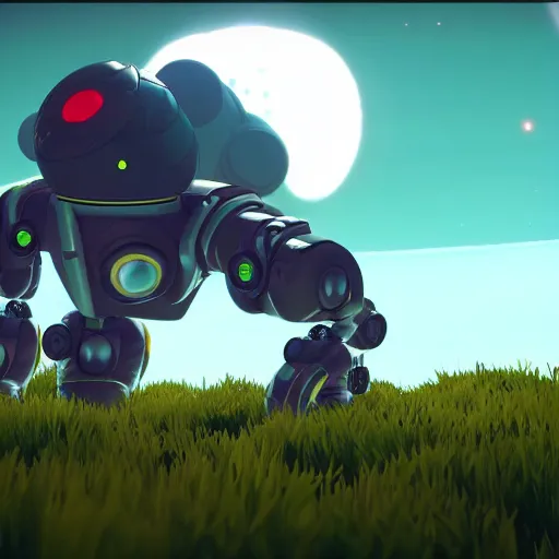 Prompt: floating robot sentinel enjoying picking up flower on alien planet in no man's sky