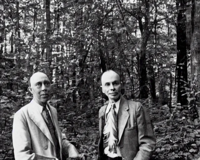 Prompt: edgar cayce and aldous huxley in a forest