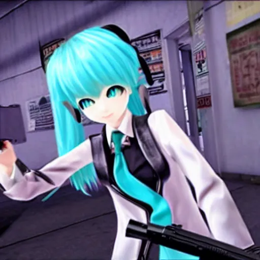 Image similar to Hatsune Miku in a Max Payne 1 game