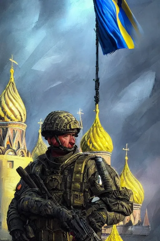 Image similar to special forces soldier raising ukrainian blue and yellow flag, kremlin st. basil cathedral in the background, masculine figure, d & d, fantasy, bright atmosphere, volumetric lights, intricate, elegant, extremely detailed, digital painting, artstation, concept art, matte, smooth, sharp focus, hyper realistic, illustration, art by artgerm and greg rutkowski and alphonse mucha