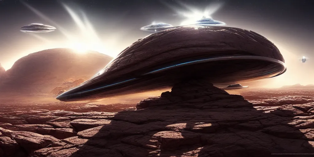 Prompt: giant tubular spaceship flying over rocky desert surface of planet, day, ultra high definition, ultra detailed, symmetry, god rays, sci - fi, dark fantasy, by paul chadeisson and denis villeneuve