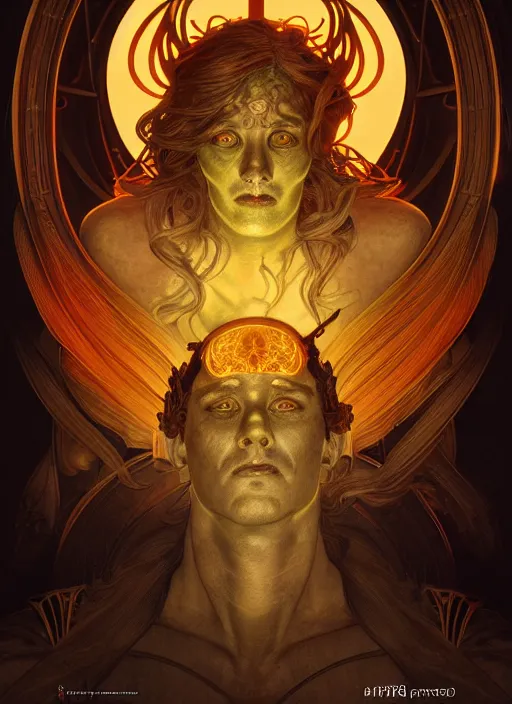 Prompt: the god hephaestus, ash hair, glowing eyes, volumetric lights, yellow and red scheme, art nouveau botanicals, gothic, intricate, highly detailed, digital painting, artstation, concept art, smooth, sharp focus, symmetric face, illustration, steampunk, art by artgerm and greg rutkowski and alphonse mucha