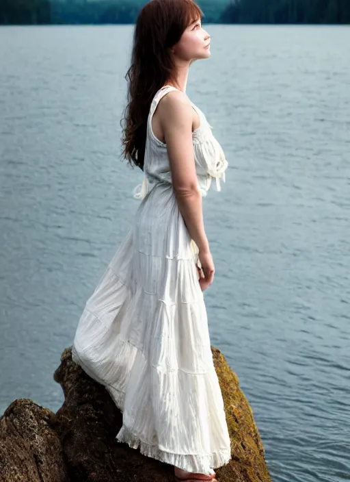 Prompt: photo, long shot, woman posing, short wavy hair, round face, intricate white dress, lakeside, cottagecore!!, intricate, enlightened, highly detailed, smooth, sharp focus, inspired by artgerm, by marat safin, and alphonse mucha