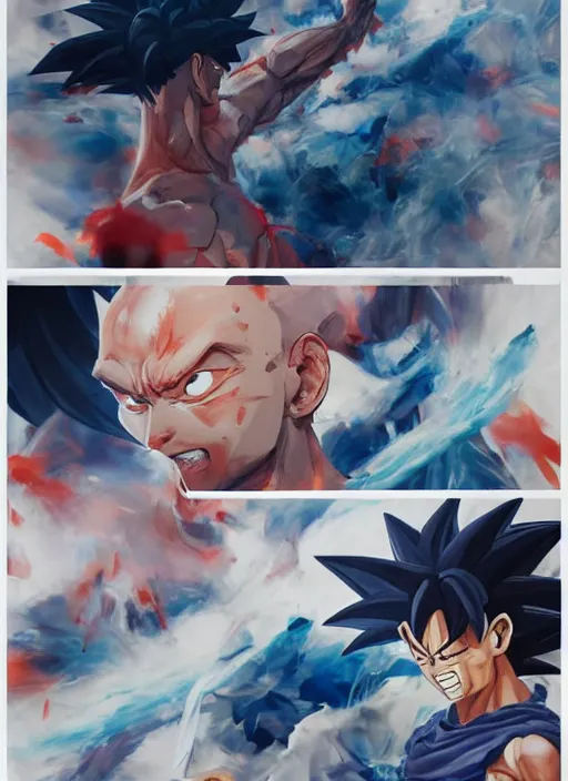 Image similar to surreal gouache gesture painting, by yoshitaka amano, by ruan jia, by Conrad roset, by good smile company, detailed anime 3d render of a gesture draw pose for Goku SS3 SUPER, portrait, cgsociety, artstation, rococo mechanical, Digital reality, sf5 ink style, dieselpunk atmosphere, gesture drawn