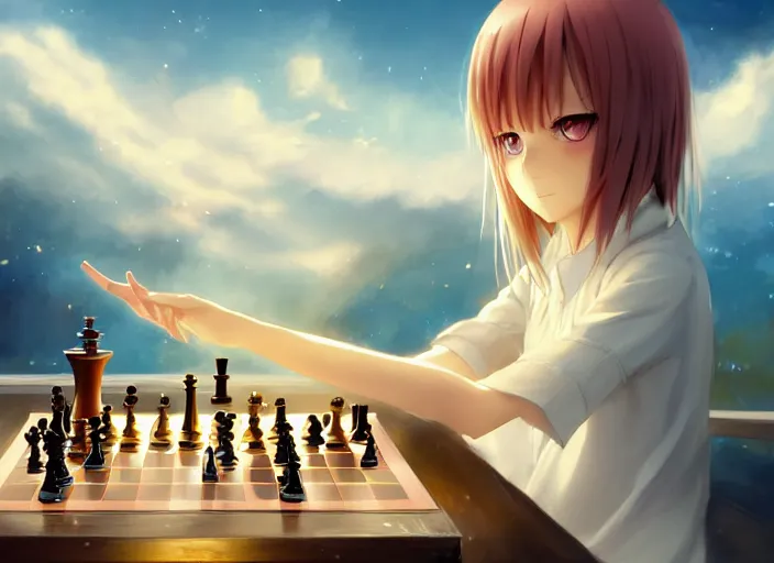 Prompt: rimuru playing chess, with amber eyes of golden colored eyes, straight hair, sky blue hair, long bangs, high collar, concept art, award winning photography, digital painting, cinematic, by wlop, anime key visual, wlop, 8 k, by ross tran, tom bagshaw, andy warhol