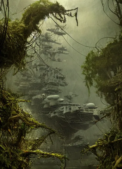 Prompt: decayed aircraft carrier USS Nimitz laying on the ground overgrown with vegetation and hanging vines, post apocalyptic, tropical forest, by Luis Royo, by Greg Rutkowski, low angle shot, dark, gritty, intricate, cover illustration, concept art, volumetric lighting, volumetric atmosphere, sharp focus, octane render, trending on artstation, 8k