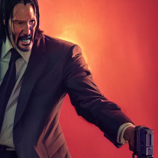 Prompt: selfie of john wick screaming, front angle, stunning 3 d render inspired art by greg rutkowski and xiang duan and thomas eakes, illustration by norman rockwell and leyendecker, realistic, highly detailed attributes and atmosphere, dim volumetric cinematic lighting, 8 k octane detailed render, post - processing, masterpiece, vignette, soft focus, vibrant colors