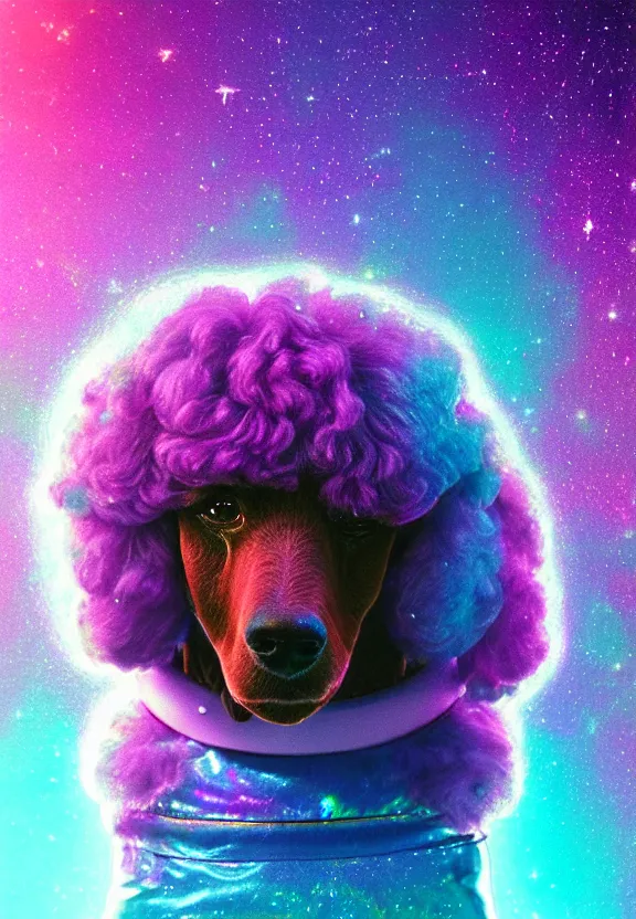 Image similar to a beautiful portrait of a poodle in a galactic iridescent spacesuit, holographic, synthwave color palette, cinematic, volumetric fog, risographic, digital art, 4 k, vintage sci - fi, inspired by moebius, inspired by thimbwhite, inspired by h. r. giger