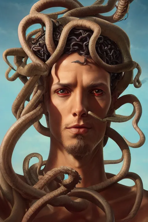 Prompt: portrait of a skinny male medusa, by artgerm, tom bagshaw, gerald brom, 4 k, smooth, hd, substance designer render, full body character concept art, cel shading, toon shading, vaporwave colors,