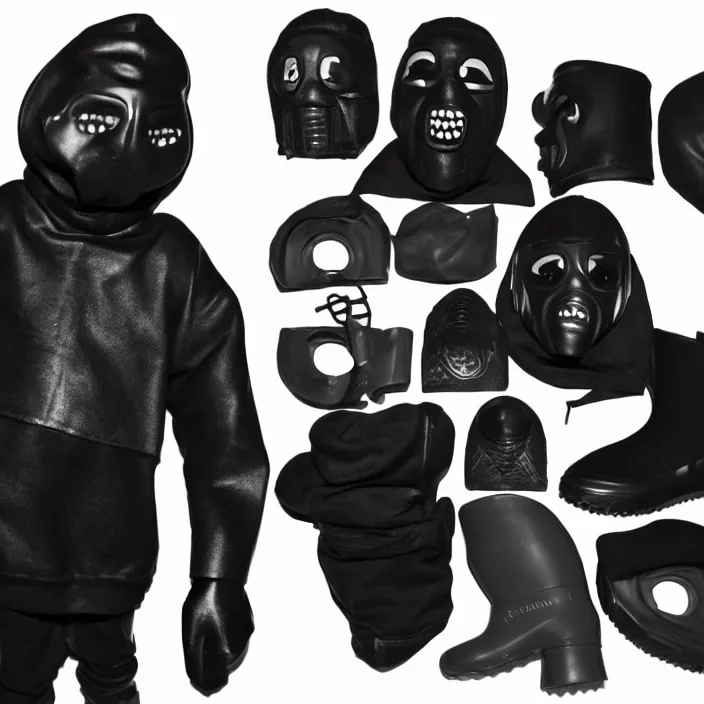 Prompt: kanye west using a black mask with small holes, a black shirt, a black undersize hoodie and black rubber boots, a goodsmile figure of kanye west using a black mask with small holes, a black shirt, a black undersize hoodie and black rubber boots, figurine, detailed product photo