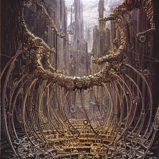 Prompt: ornate by ted nasmith children's illustration. a beautiful kinetic sculpture. i was born in a house with a million rooms, built on a small, airless world on the edge of an empire of light & commerce.