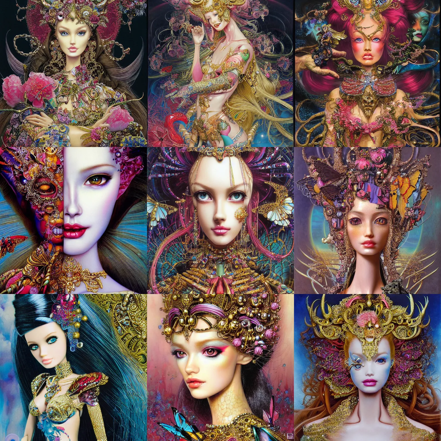 Prompt: realistic detailed image of an barbie adorned in Jewels and Gold from by Ayami Kojima, Amano, Karol Bak, Greg Hildebrandt, and Mark Brooks, Neo-Gothic, gothic, rich deep colors. Beksinski painting, part by Adrian Ghenie and Gerhard Richter. art by Takato Yamamoto. masterpiece