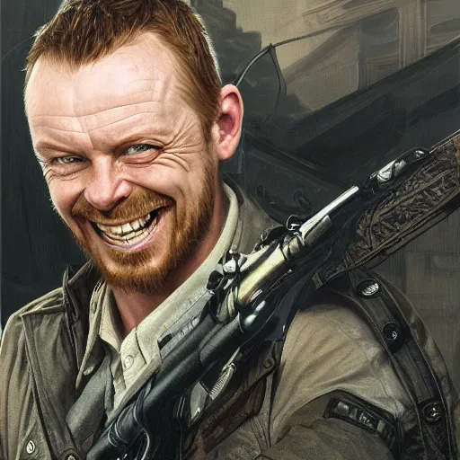 Image similar to portrait painting of simon pegg smiling like a winner with a winchester, ultra realistic, concept art, intricate details, eerie, highly detailed, photorealistic, octane render, 8 k, unreal engine. art by artgerm and greg rutkowski and alphonse mucha