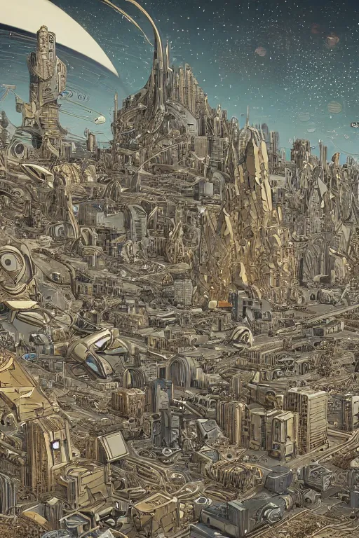 Image similar to gold and silver tones, cybernetic village on the outskirts of the universe, style of moebius, james jean, mcbess, cinematic, highly detailed, award winning, 8 k photorealistic