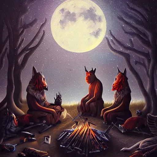 Image similar to strange mythical beasts of sitting around a fire under a full moon, surreal dark uncanny painting by ronny khalil