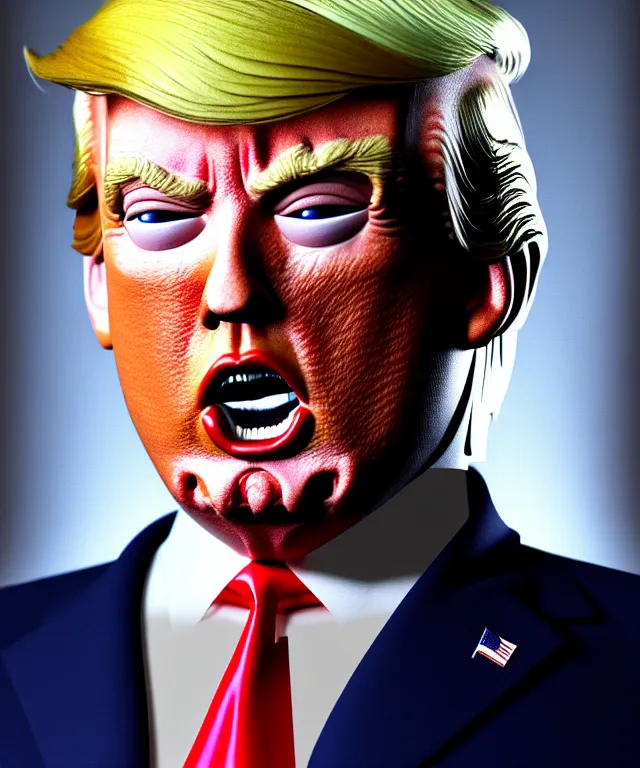 Prompt: hyperrealistic mixed media painting of Donald Trump as a doll, stunning 3d render inspired art by P. Craig Russell and Barry Windsor-Smith + perfect facial symmetry + dim volumetric lighting, serious expression, 8k octane beautifully detailed render, post-processing, extremely hyperdetailed, intricate, epic composition, cinematic lighting + masterpiece, trending on artstation, very very detailed, masterpiece, stunning