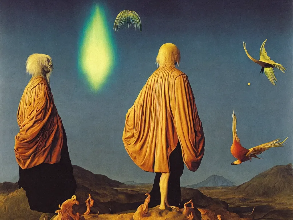 Image similar to albino mystic, with his back turned, looking at the Aurora over over the volcano in the distance, with beautiful exotic hoopoe, jellyfish. Painting by Jan van Eyck, Audubon, Rene Magritte, Agnes Pelton, Max Ernst, Walton Ford