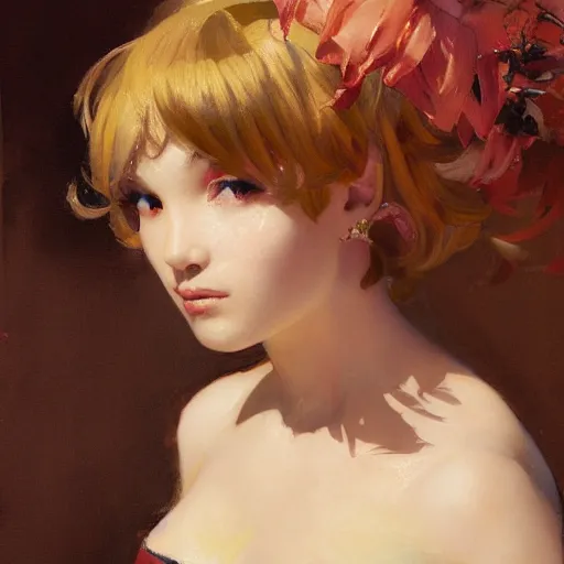 Image similar to a high fashion studio portrait of a cute anime girl, painting by gaston bussiere, craig mullins, j. c. leyendecker