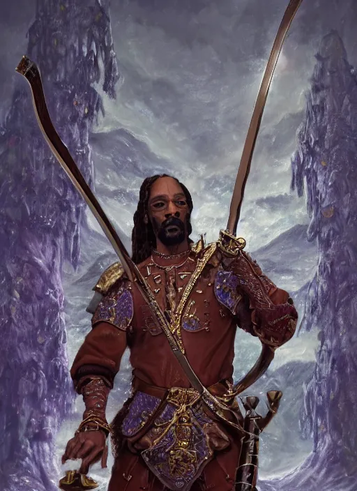 Prompt: snoop dogg as an archer, short beard, grumpy, intricate plate armor with purple accents, Ivan Aivakovsky, Boris Vallejo, epic fantasy character art, D&D Concept Art, full length, Realistic, Regal, Refined, Detailed Digital Art, Oil Paining, Exquisite detail, post-processing, masterpiece, Cinematic Lighting, Unreal Engine, 8k, HD, Stanley Artgerm Lau, WLOP, Rossdraws, Frank Frazetta, Andrei Riabovitchev, Marc Simonetti, trending on artstation,