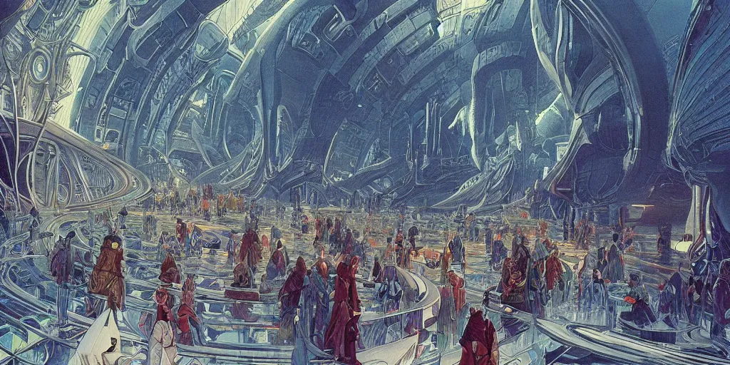Image similar to a cinematic shot of the interior of a sci - fi space station with ornate elven architecture bustling with people by jean giraud moebius, crystalline, emerald, detailed matte illustration by moebius, clean lines, sharp focus