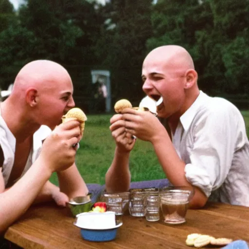 Image similar to skinheads with gently smiling eating ice cream, by Barry Lyndon