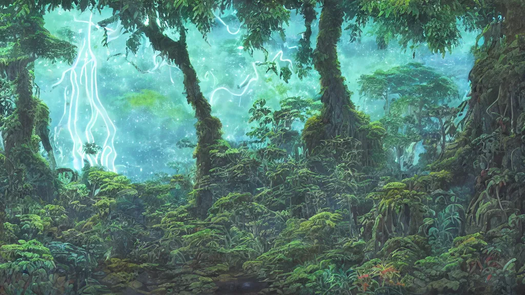 Image similar to magical rainforest with overgrown glowing bioluminescent fungus and strangler fig, anime background, interior, gouache, hand painted, in the style of kazuo oga, studio ghibli