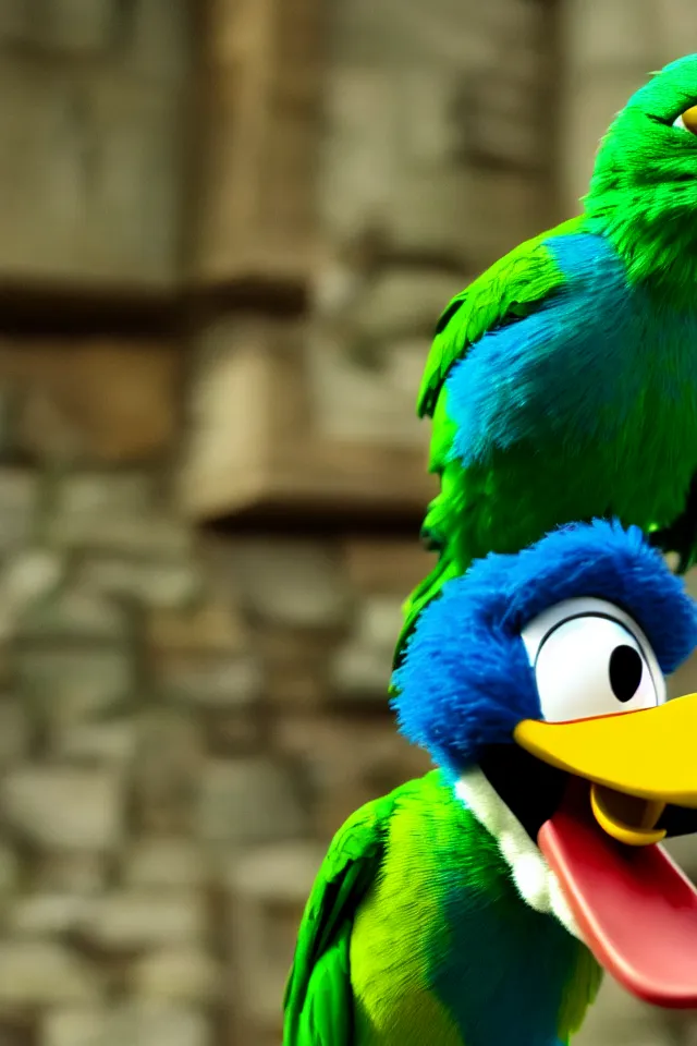 Image similar to donald duck as a green parrot in the harry potter universe