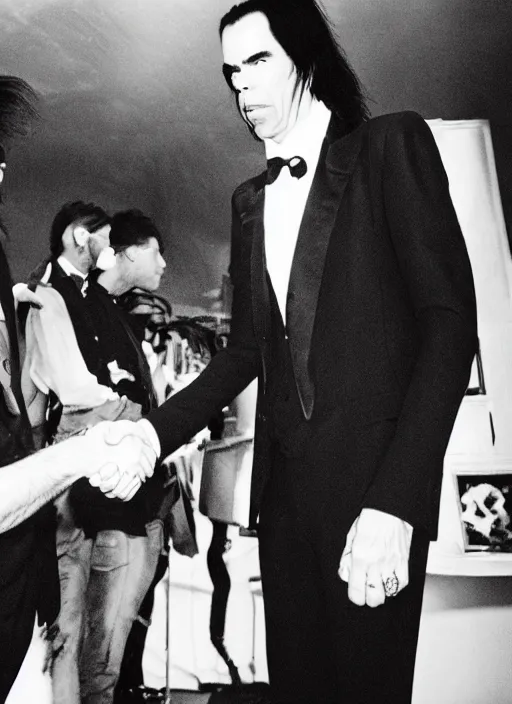 Prompt: Nick cave shaking hands with the devil