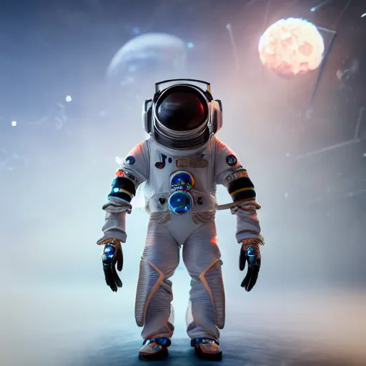 Prompt: photography of a white steampunk space engineer suit, in an colorful alien planet, ultra detail, beautiful light, high detail, 8 k, f / 2. 8, octane render