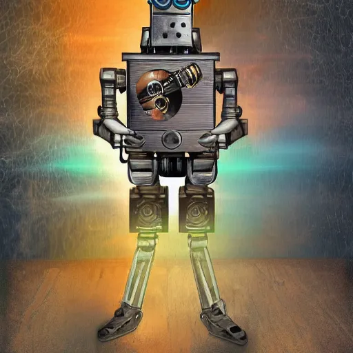 Image similar to a portrait of a robot holding a revolver, steampunk, holographic