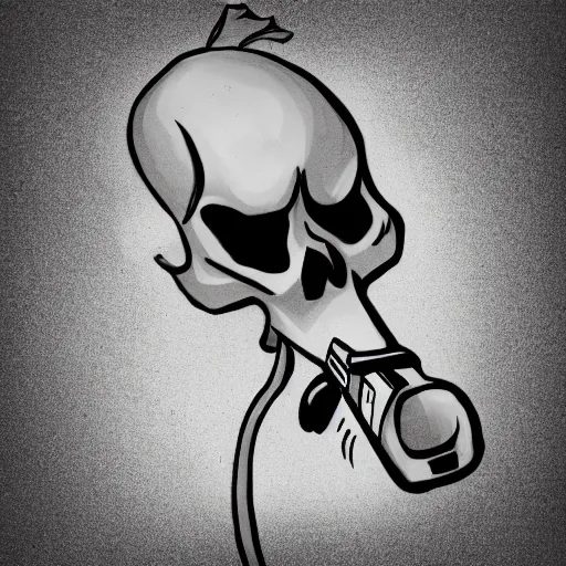 Prompt: digital drawing of an angry skeleton shooting a gun, black and white