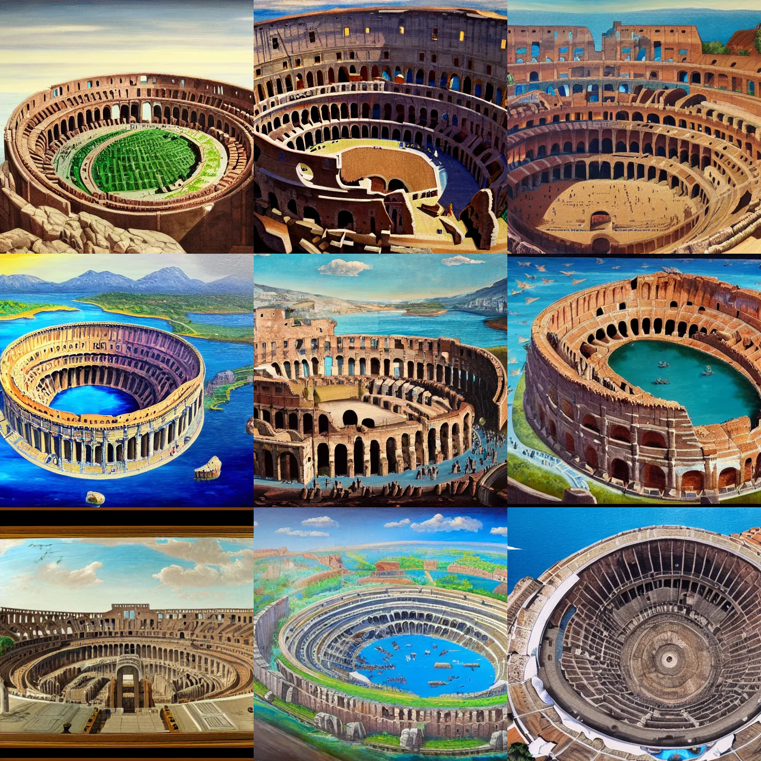 Prompt: a colosseum like arena with it's inner part surrounded with water, view from the sky, detailed painting, 8 k,