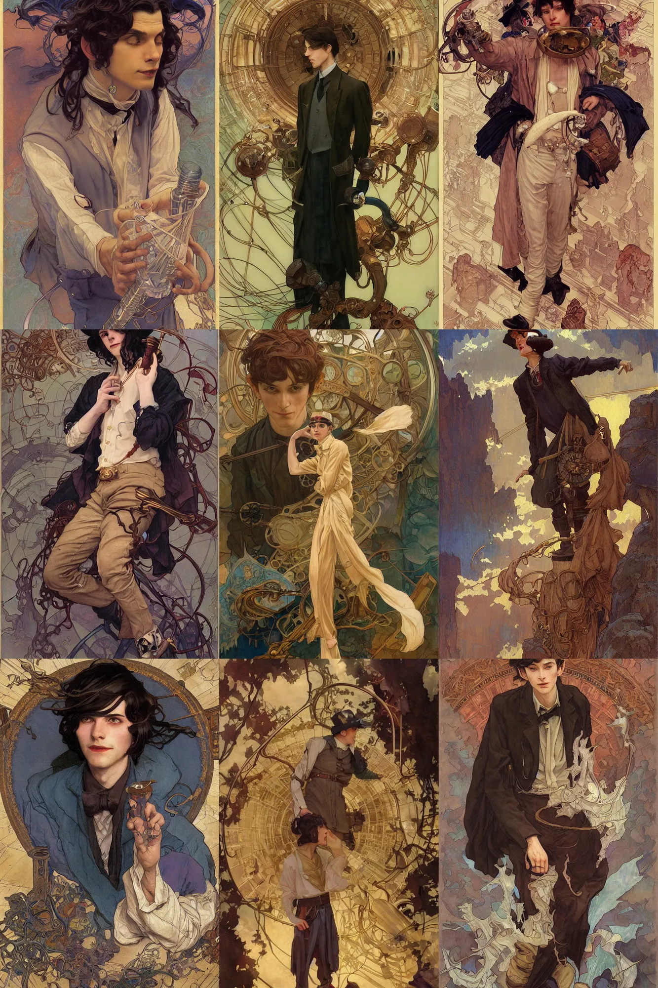 Prompt: thin young male alchemist, long dark hair, 1 9 2 0 s fashion, art by joseph leyendecker, donato giancola, peter mohrbacher, ruan jia, marc simonetti, ayami kojima, cedric peyravernay, alphonse mucha, thomas kinkade, victo ngai