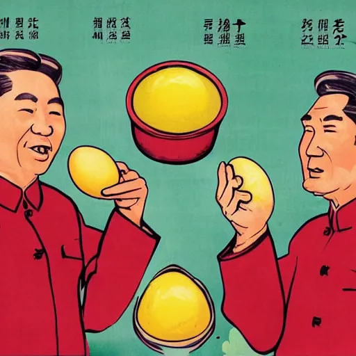 Prompt: chinese propaganda poster of mao zedong and bill nye eating eggs