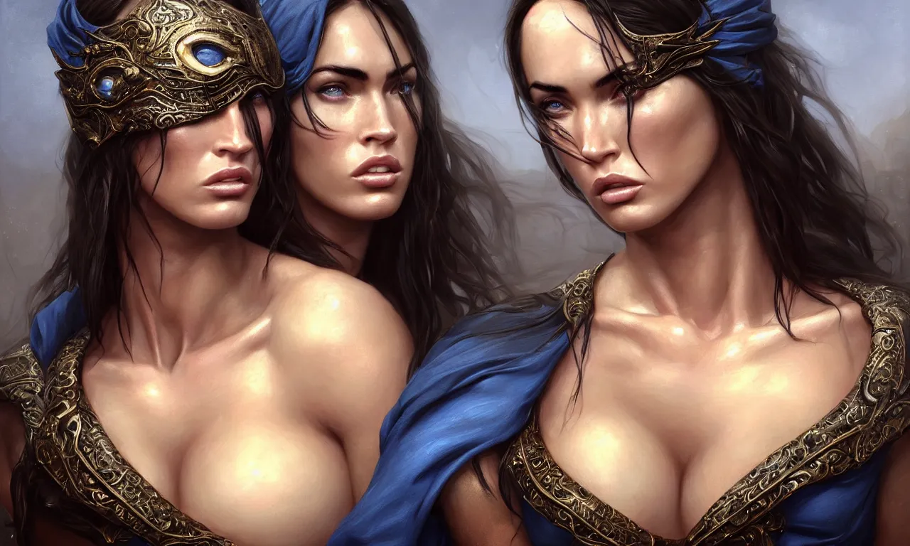 Image similar to ! dream portrait of megan fox blindfolded, muscular upper body, collar, greek, jewelry, blue dress, fantasy, intricate, elegant, highly detailed, digital painting, artstation, concept art, matte, sharp focus, illustration, art by aenaluck and roberto ferri and greg rutkowski, epic fantasy, digital painting