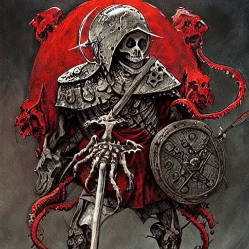 Prompt: skeleton holding a medieval shield and spear, d & d, surrounded by red evil death tentacles, hyper detailed, hyper realistic, dark atmosphere, full body, full frame, art by frank frazetta