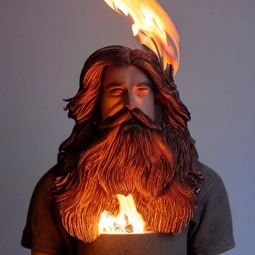 Image similar to a flawless, purely fire sculpture of a man with long hair, with trimmed beard, smiling widely. sculpture made of fire, extremely detailed, award-winning art, trending on Artstation