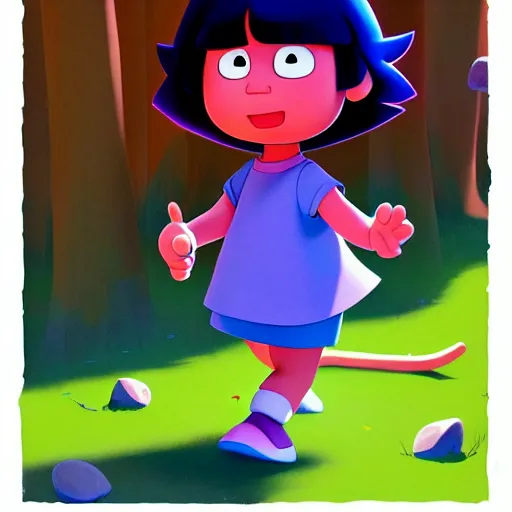 Prompt: goro fujita ilustration mafalda dora the explorer with blue clothes, walking through the forest, painting by goro fujita, sharp focus, highly detailed, artstation